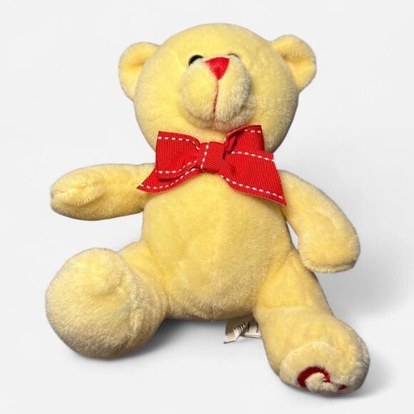Small Cream Teddy Bear with Red Bow and Heart Embroidered Foot - Picture 4 of 6